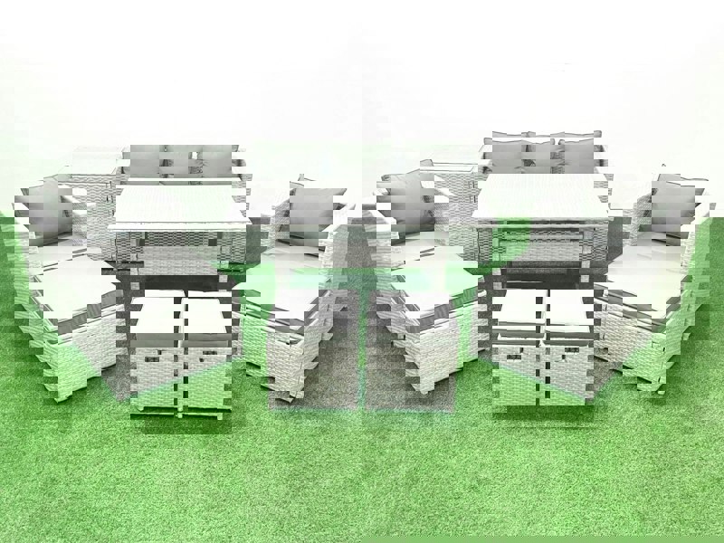 Fimous Rattan Garden Furniture Set Outdoor 9 Seater Patio Dining Sets with Glass Top Dining Table and Side Table Light Grey Mixed