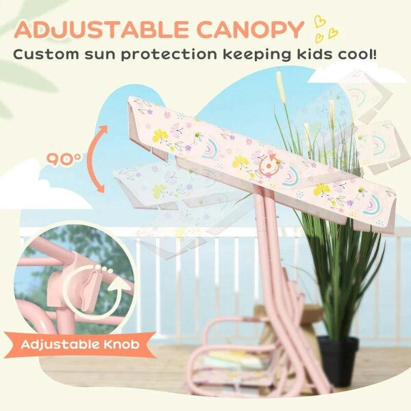 Kids Garden Swing Chair with Adjustable Canopy, Safety Belt, 2 Seater Hammock Swing Bench for Patio, Porch, Pink
