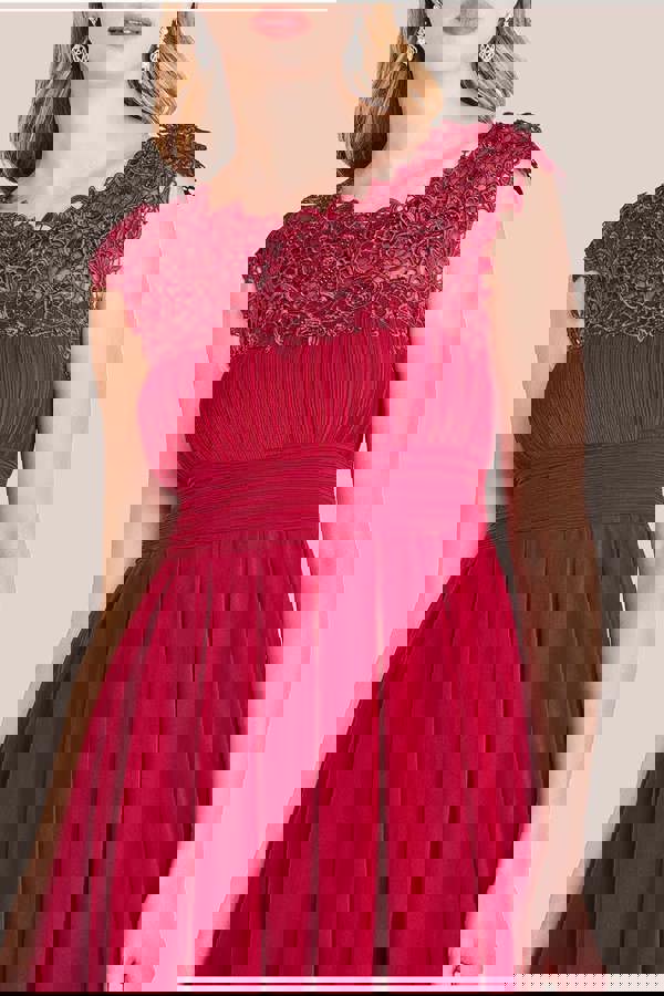 Crochet & Pleated Top High Low Maxi - Burgundy DR3820