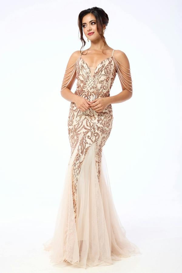 LuvForever Diora - Gold Jewelled Shoulder Sequin Maxi Dress
