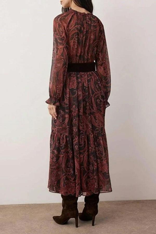 WOVCOR Patterned Maxi Lined Woven Dress with Suede Belt