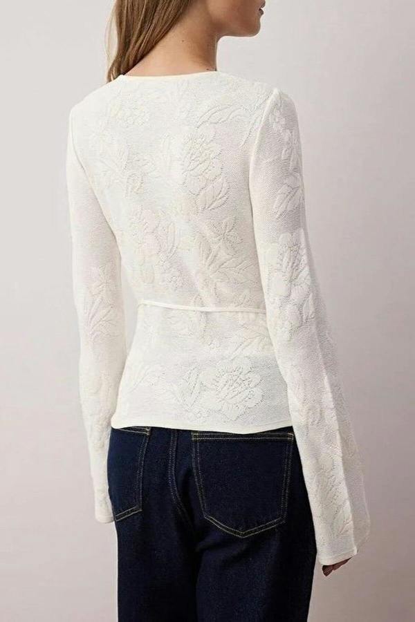 WOVCOR Mercerized Look Rose Pattern Textured Knit Sweater