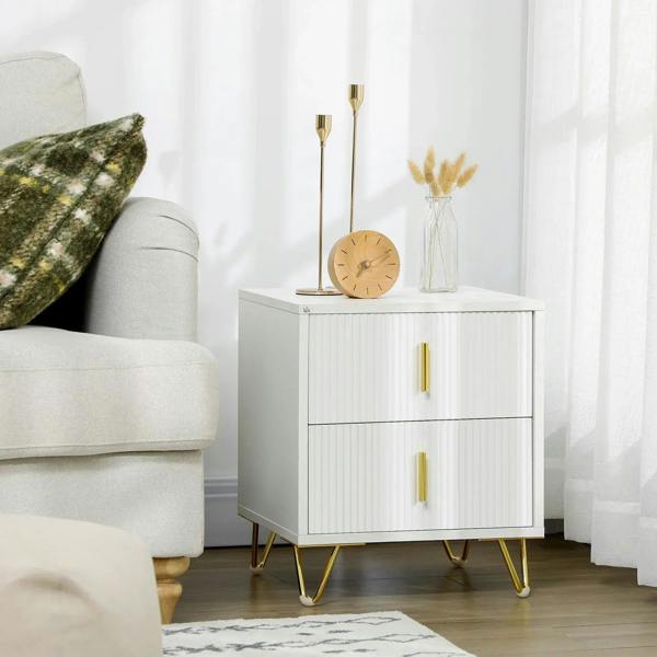White two-drawer chest with ribbed drawer fronts and gold-tone handles, placed against a window wall