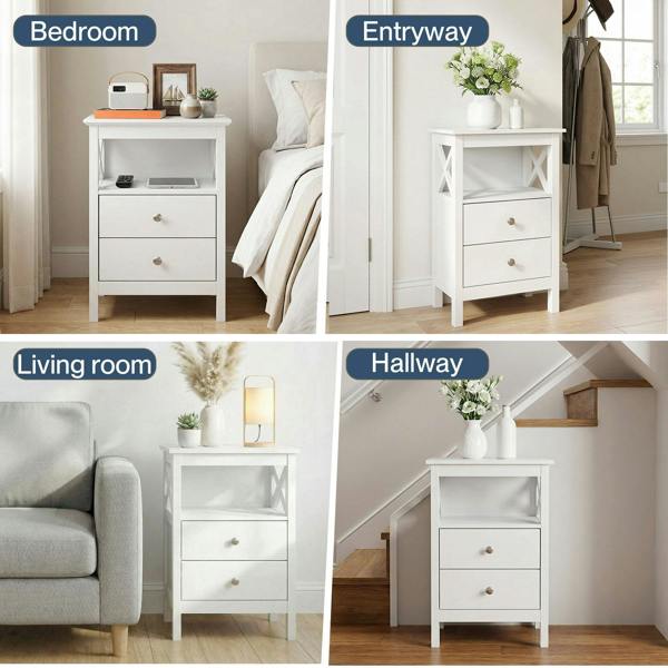 Levede Bedside Table Wood Nightstand Cabinet 2 Storage Drawers Open Shelf White