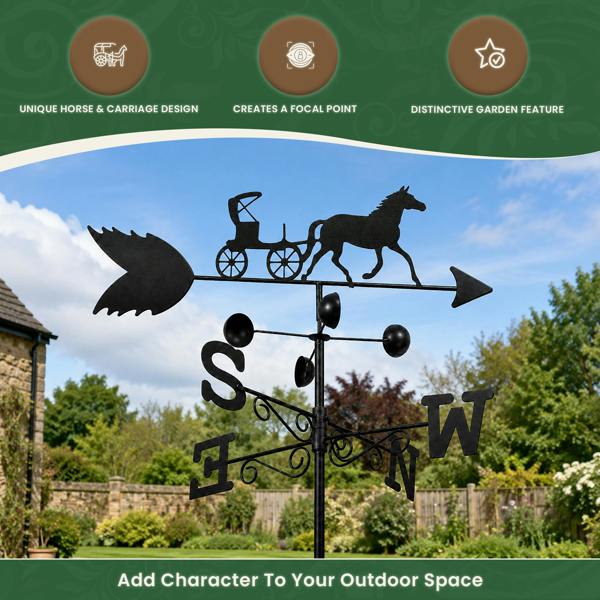 Horse & Carriage Weathervane – Outdoor Wind Direction Indicator with Speed Cups, Steel Construction, Wall Fixings & Ground Spike, 1.7m Tall