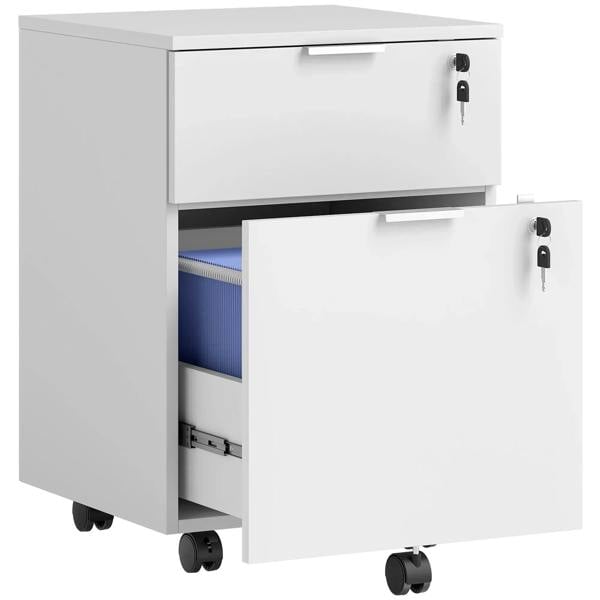 White two-drawer lockable filing cabinet with key locks and rolling casters