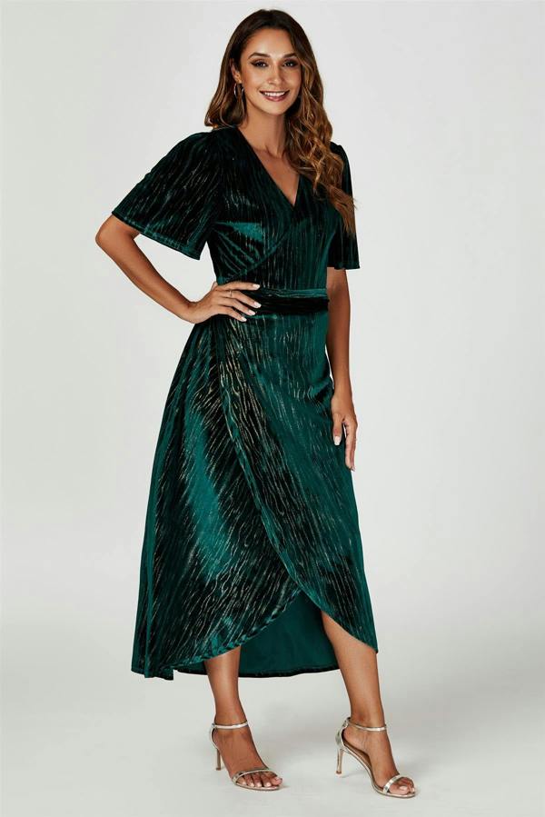 FS Collection Gold Foil Velvet Wrap Maxi Dress In Green