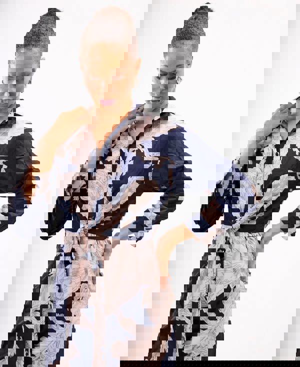 Navy Leaf Tie Front Shirt Dress