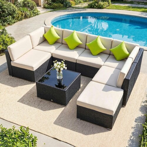 Outsunny 8pc Rattan Sofa Garden Furniture Aluminium Outdoor Patio Set - 73cmx73cmx65cm - Black