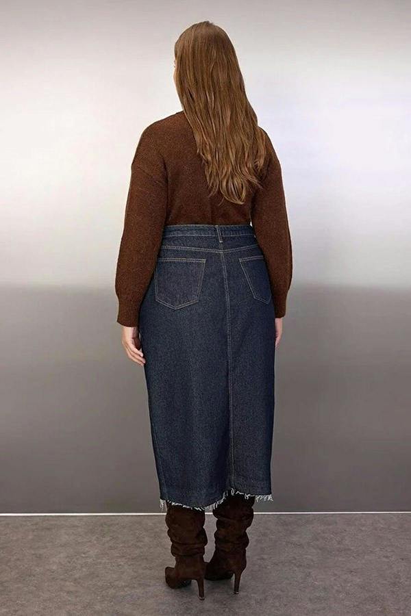 WOVCOR Front Slit Midi Length 100% Cotton Non-Stretch Plus Size Denim Skirt