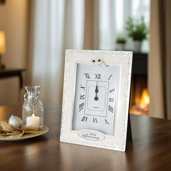 Happy Homewares 40th Anniversary Clock with Silver Plated Roses and Red Diamantes