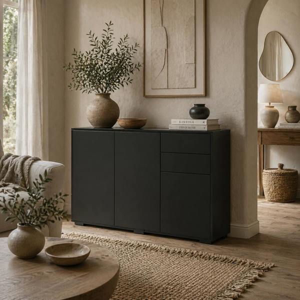 Wyld Haus Lino High Gloss Black Sideboard With Push Drawers And 3 Doors