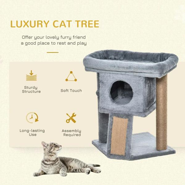 Grey cat tree tower with top perch, cubby doorway, and hanging toy balls