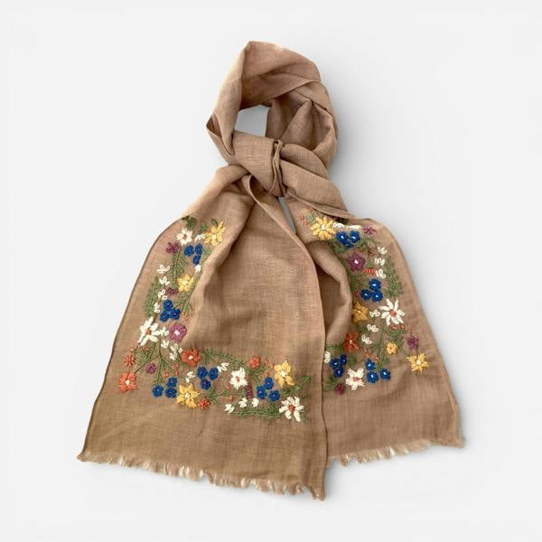Hayley & Co Hand Embroidered 100% Linen Scarf in Soft Brown Floral