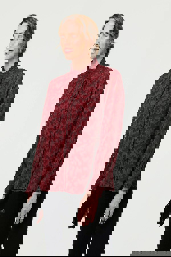 Red | Lace Frill Semi Sheer Long Sleeve Blouse
