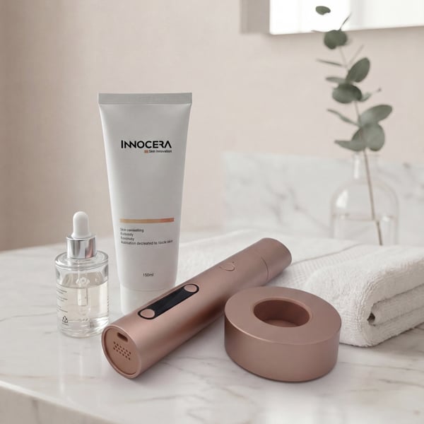 Innocera Max™ skincare device shown with its charging dock, Innocera Conductor Gel and Radiance Anti-Ageing Serum in a clean bathroom setting with a folded white towel.