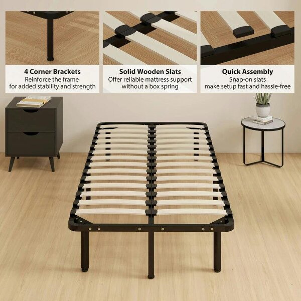 3ft Single Bed Frame, Metal Platform Bed Frame with 2 x 14 Wood Slats, No Box Spring Needed, Underbed Storage, Black
