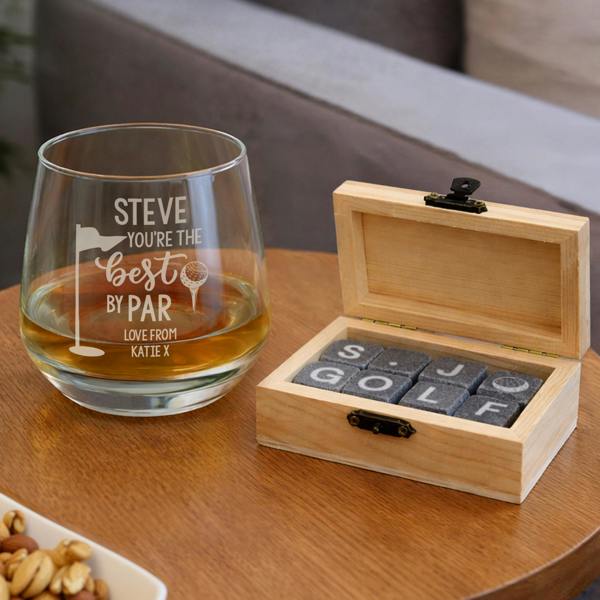 Personalised Best By Par whisky tumbler and engraved whisky stones in a wooden box.