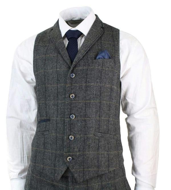 House of Cavani Mens 3 Piece Charcoal Grey Check Tweed Herringbone Vintage Classic Suit