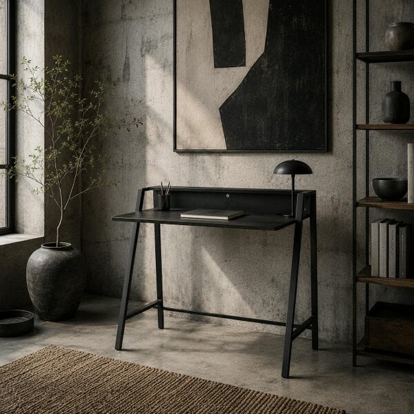 Wyld Haus Havi 84cm Wooden Black Compact Writing Desk With Integrated Storage Shelving