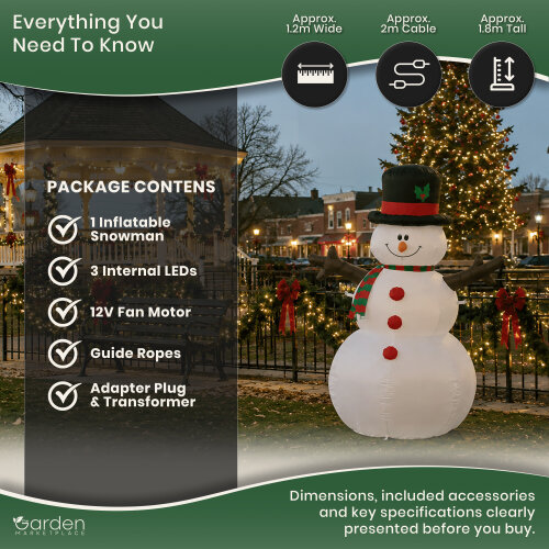 1.8m Inflatable Christmas Snowman with 3 Internal Low Voltage LED Lights, 12V Fan Motor, Guide Ropes and Transformer, Indoor/Outdoor Decoration
