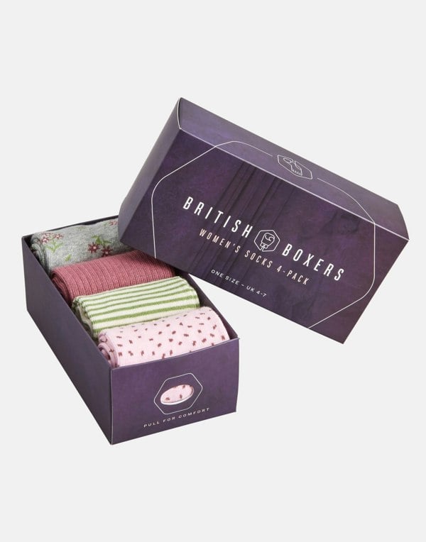 Women's Four-Pair Sock Gift Box – Briar Rose Pinks & Greens - British Boxers