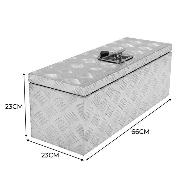 Durable 35L aluminum tool box with a diamond plate texture, featuring a secure latch, measuring 66cm long, 23cm wide, and 23cm high