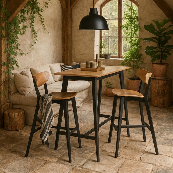 Wyld Haus Krakow Bar Dining Set Natural Oak Effect and Black  Rectangular Bar Table + 2 Bar Stools