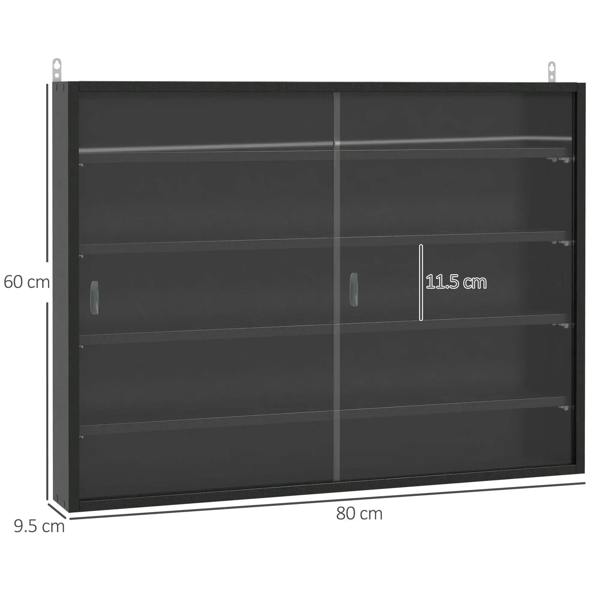 Black wall display cabinet with glass doors, side view showing dimensions and shelf bays