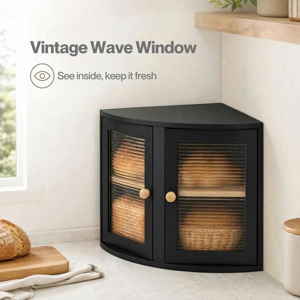 Toque Bread Bin  Corner Bread Bin for Kitchen  Double-Layer Bamboo Box  Black