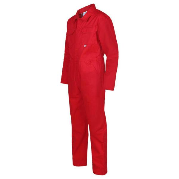 Side view of Castle Clothing childrens red boiler suit showing flexible fit ideal for active play
