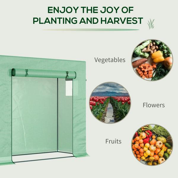 Green walk-in greenhouse with steel frame and roll-up door for growing plants
