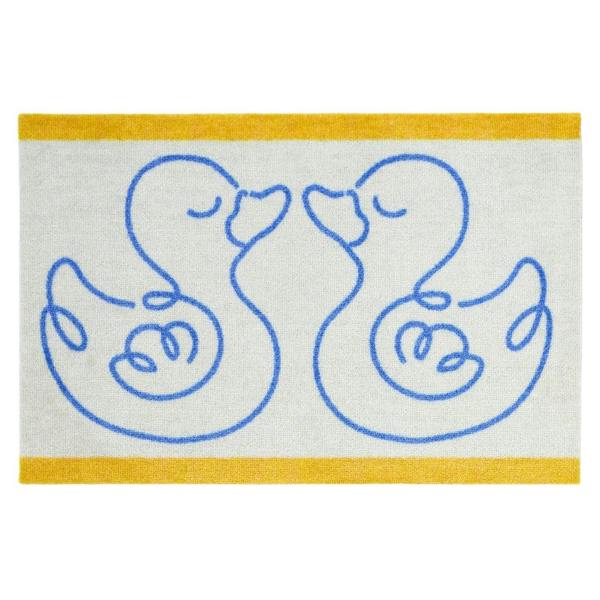 Doormat with blue duck illustrations on a white background with yellow borders