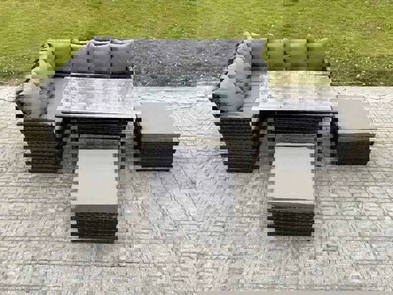 Fimous 8 Seater Outdoor Rattan Garden Furniture Set with Rectangular Dining Table 2 Big Footstool Patio Wicker Corner Sofa Set Dark Grey Mixed