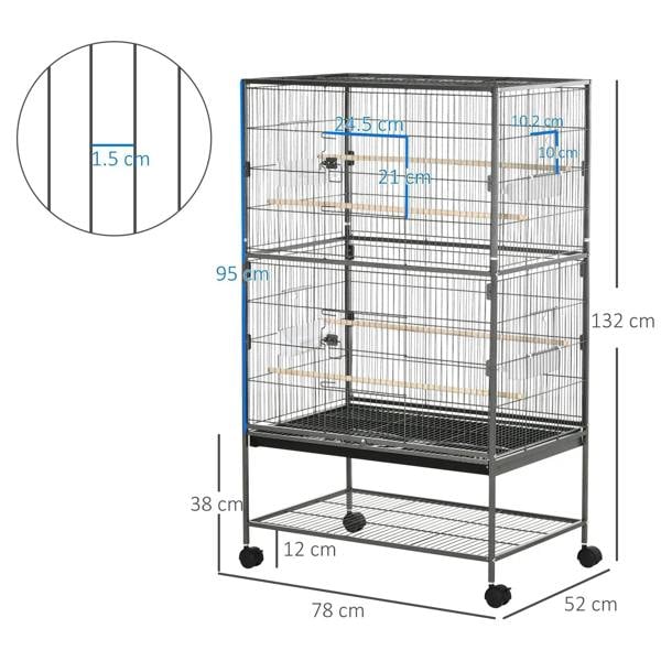 Large dark grey bird cage with rolling base, labeled dimensions and wire grid bars