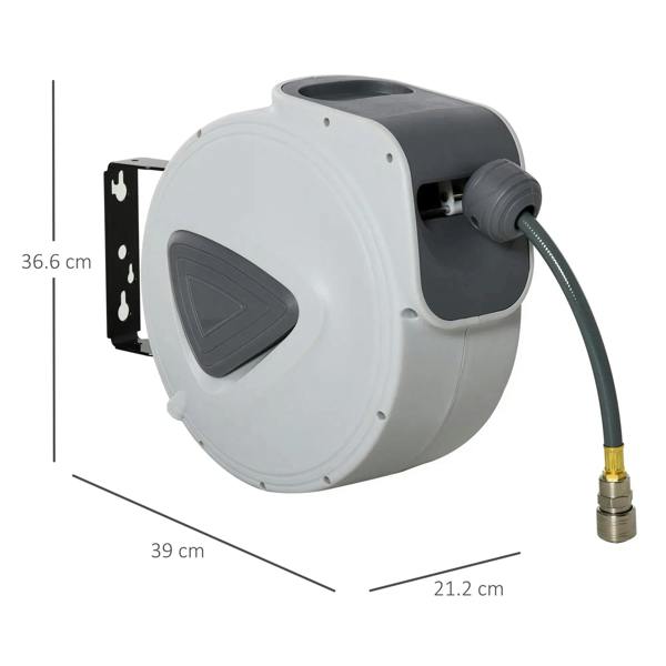 Light gray air hose reel with hose outlet and wall bracket showing dimensions
