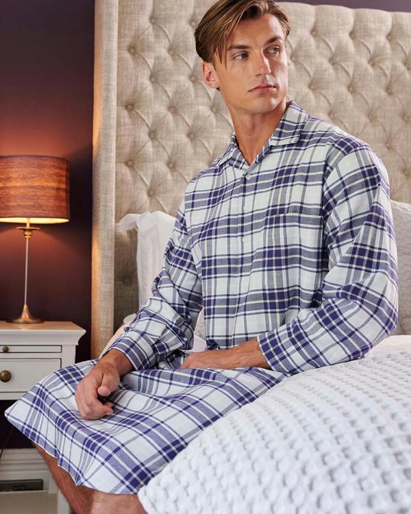 British Boxers Men's Brushed Cotton Nightshirt – Bute Blue Tartan