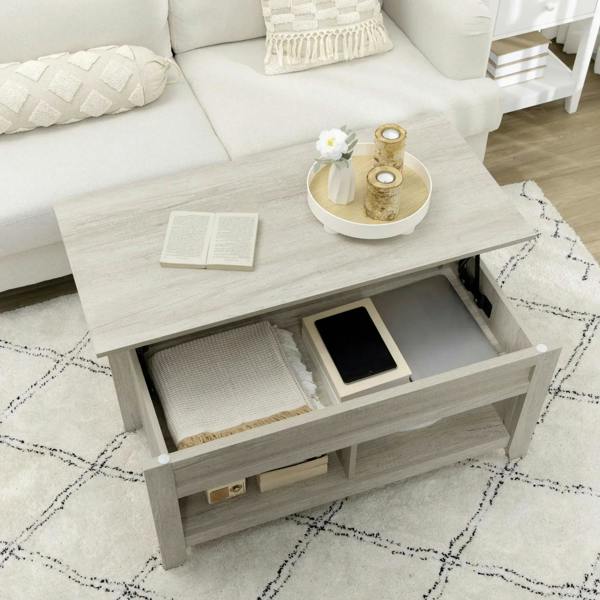 Light oak-effect lift-top coffee table with open hidden storage and two lower shelves