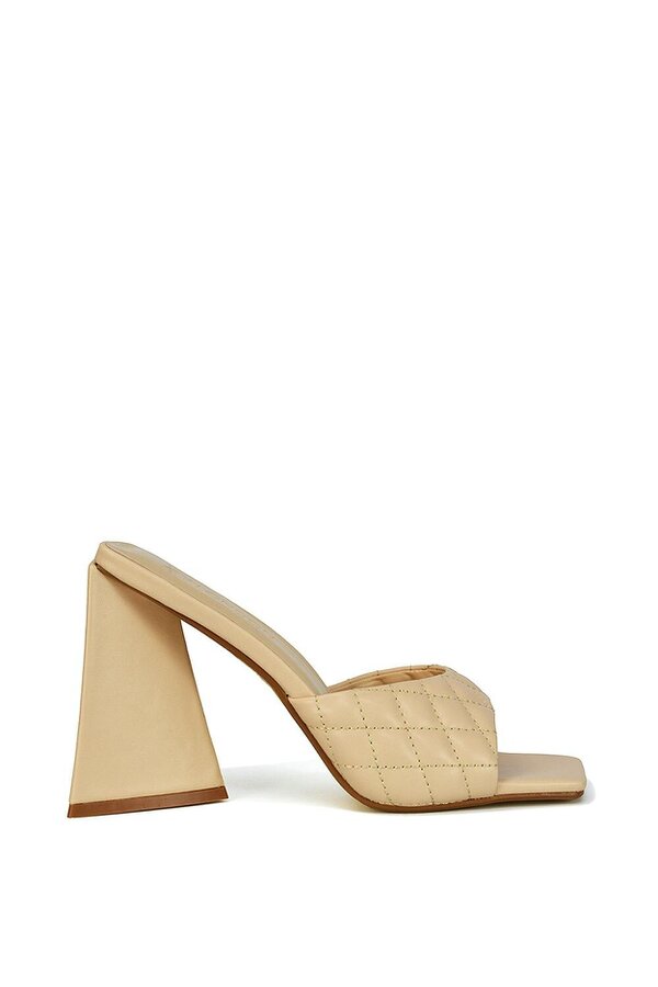 XY LONDON Quilted Square Toe Sculptured Flared High Heels - Beige