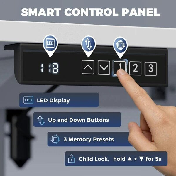 Standing Desk Memory Control Height Adjustable Desk 2 Cable Holes LED Display Sit Stand Desk White