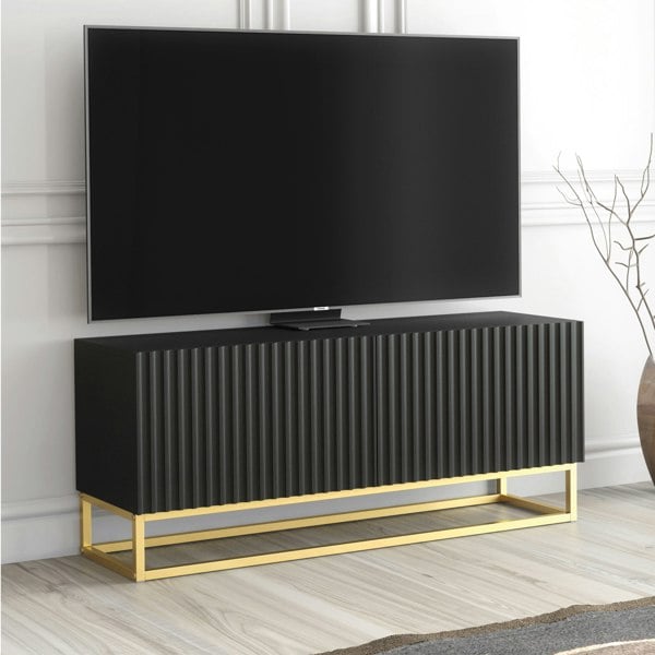 Mex Furniture Modern Black TV Unit with Gold Base 100cm – Fluted Fronts & Push-Down Doors