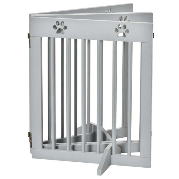 Grey freestanding wooden pet gate with paw print top cutouts, vertical bars, and side hinges