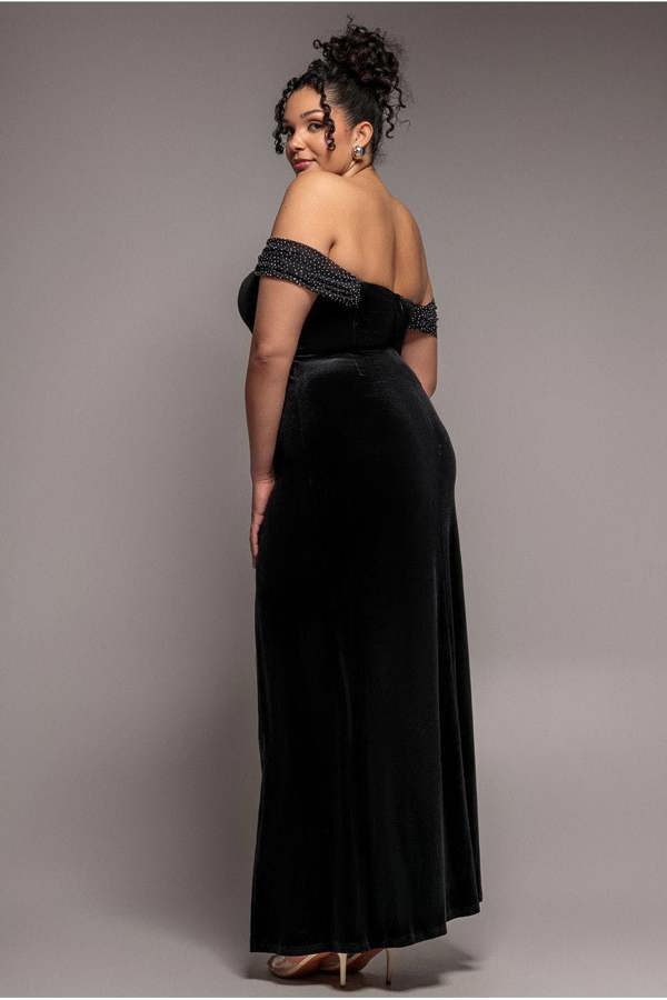 Goddiva Plus Off Shoulder Hotfix Diamante Wing Velvet Maxi Dress - Black by Goddiva Plus