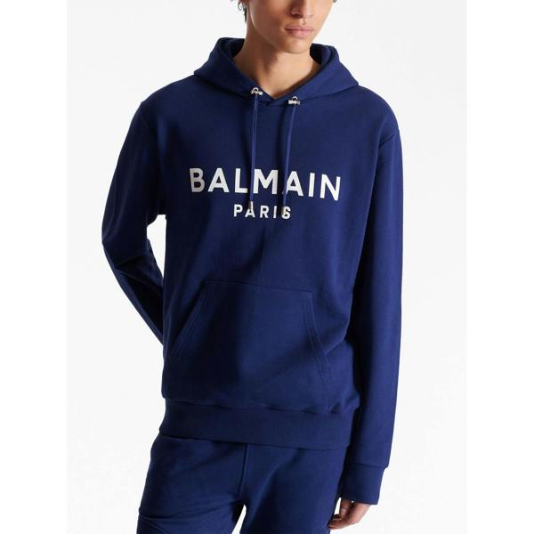 Balmain Logo Printed Hoodie   in  Navy