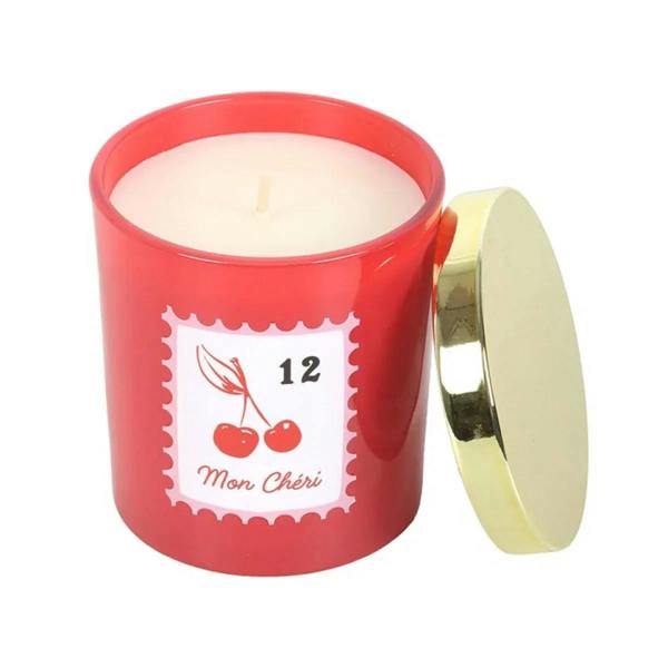 Cherry Blossom scented candle red jar with open gold lid, lit wick and cherries '12'