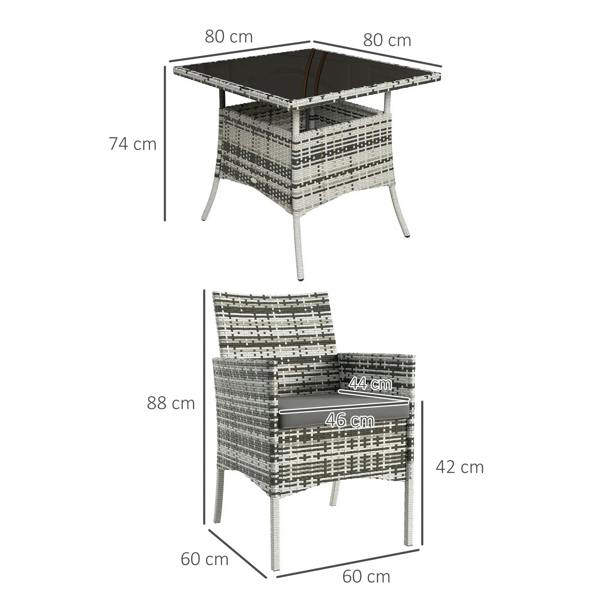 Grey rattan dining table and armchair dimension diagram with seat and back measurements