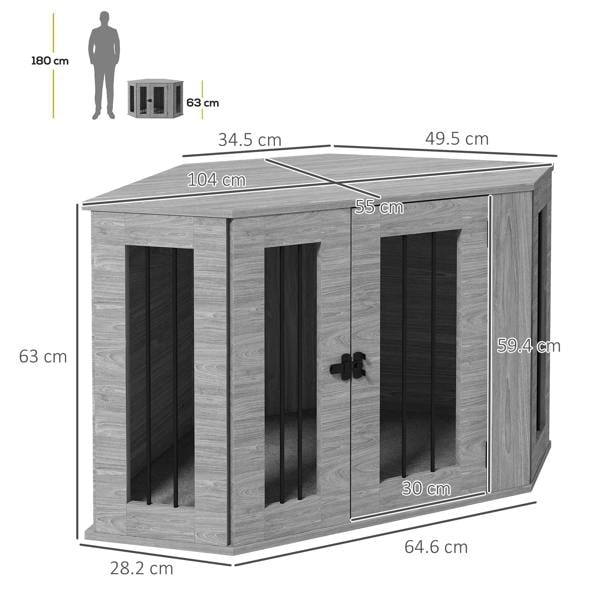Grey dog crate side table with labeled dimensions, black barred doors, and top panel