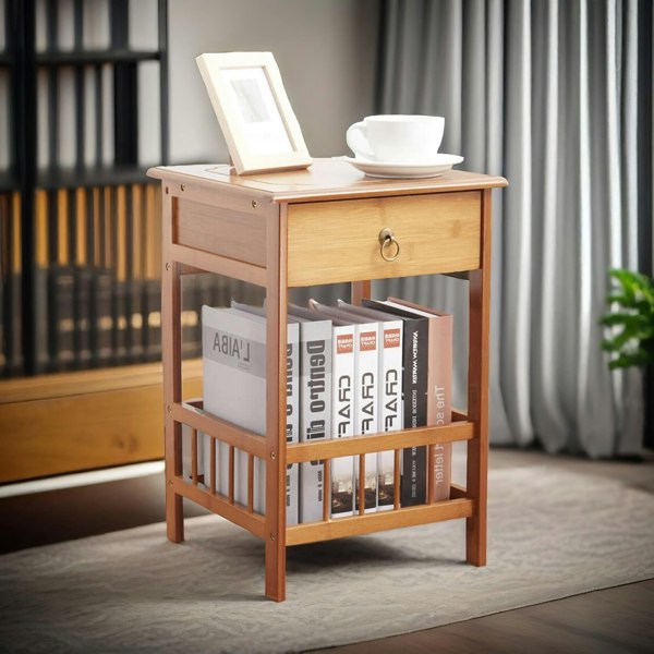 Rafaelo Mobilia 2 Tier Bamboo Side Table With Drawer