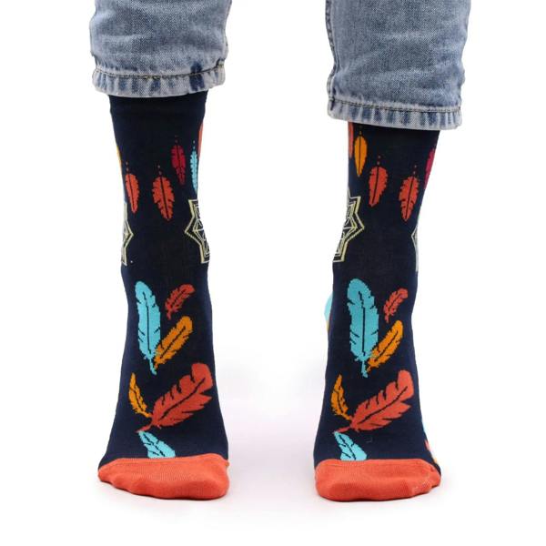 Dark navy bamboo socks with colorful feather print and bright orange toe