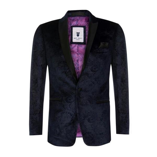 Marc Darcy Mens Navy Velvet Paisley Blazer Dinner Jacket